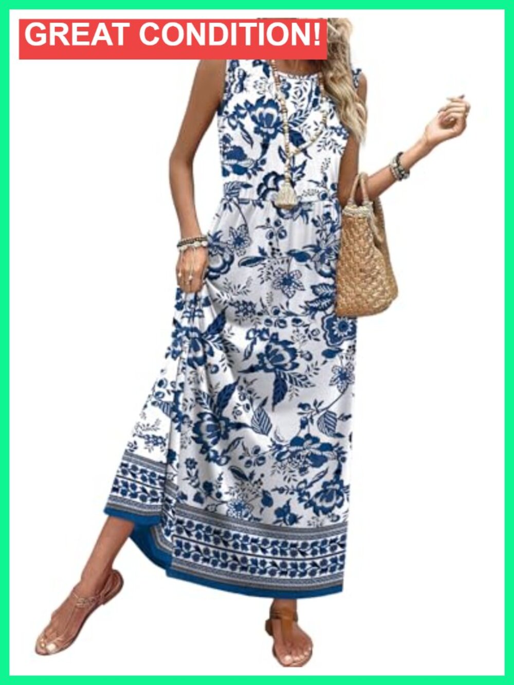 Summer Maxi Dress with Pockets, Flowy A-Line Sundress, Sleeveless